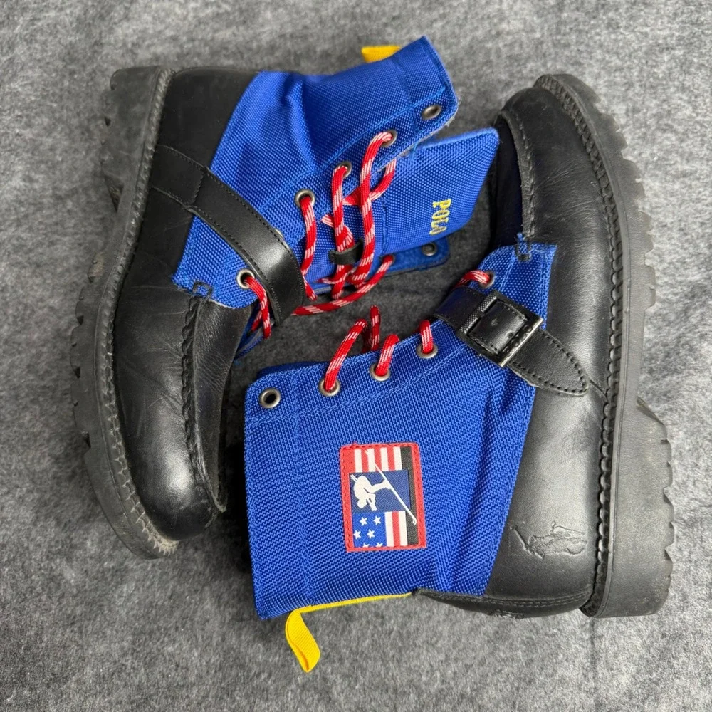 Polo Ralph Lauren Ranger Hi II Boys Boots Black Blue‎ Leather USA Ski Patch 5.5Y